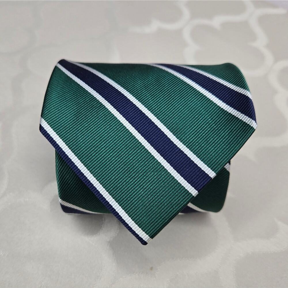 J. Crew 100% Silk Green w/ Navy & Gray Stripes Men's Tie Classic Point Style